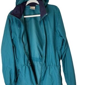 LLBean YKK Teal hidden Hood Windbreaker Track Jacket M pockets full zip Anorak